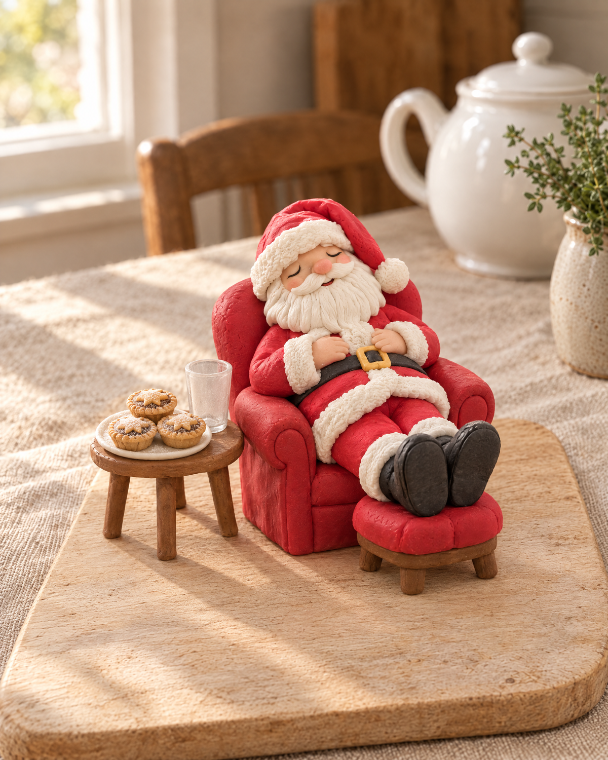 Sleeping Santa Cake Topper laid out on a wooden board