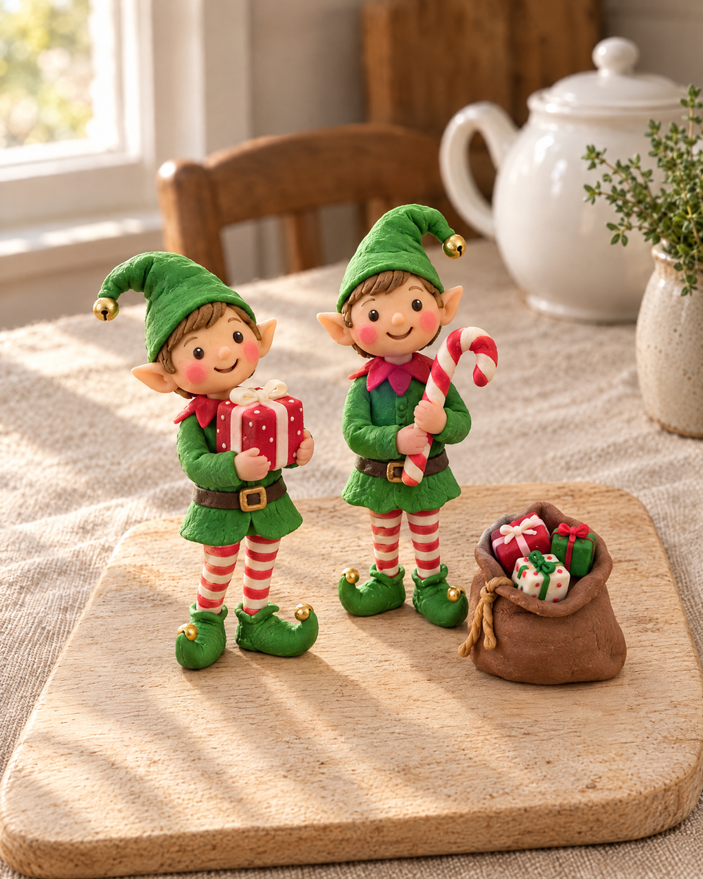Christmas Elves Cake Topper Set laid out on a wooden board