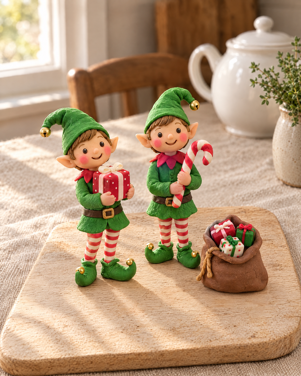 Christmas Elves Cake Topper Set laid out on a wooden board