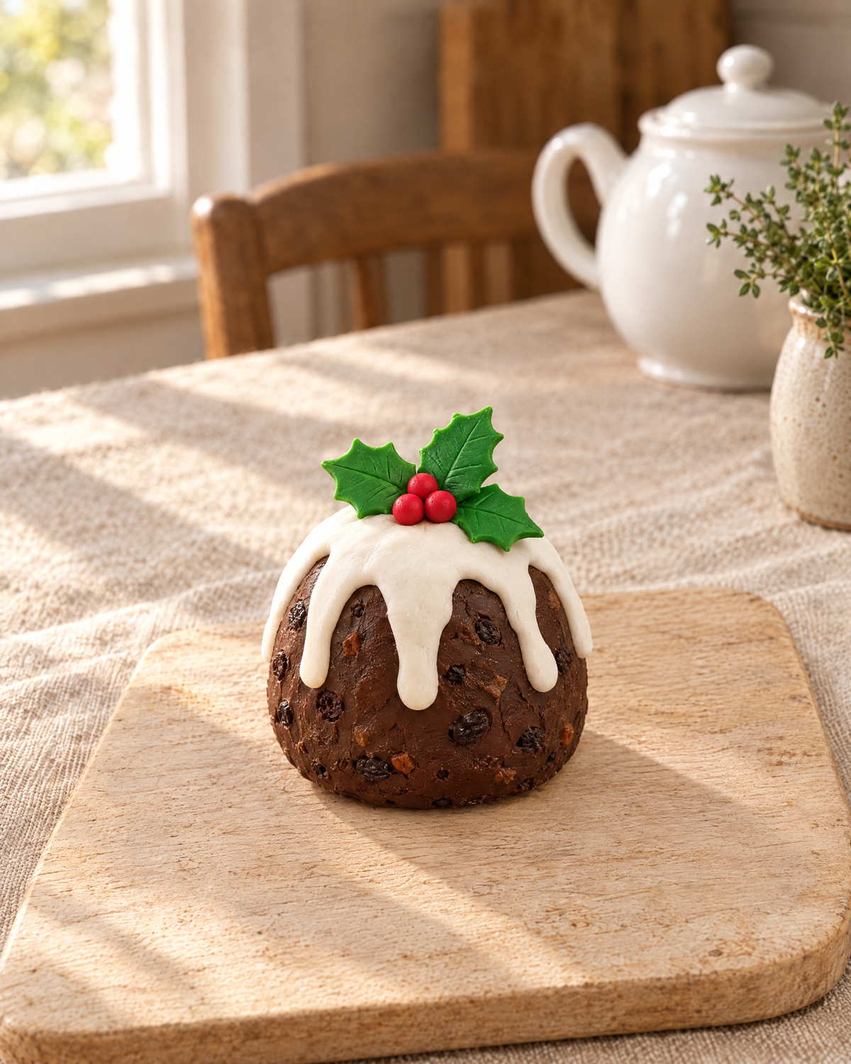 Christmas Pudding Cake Topper laid out on a wooden board