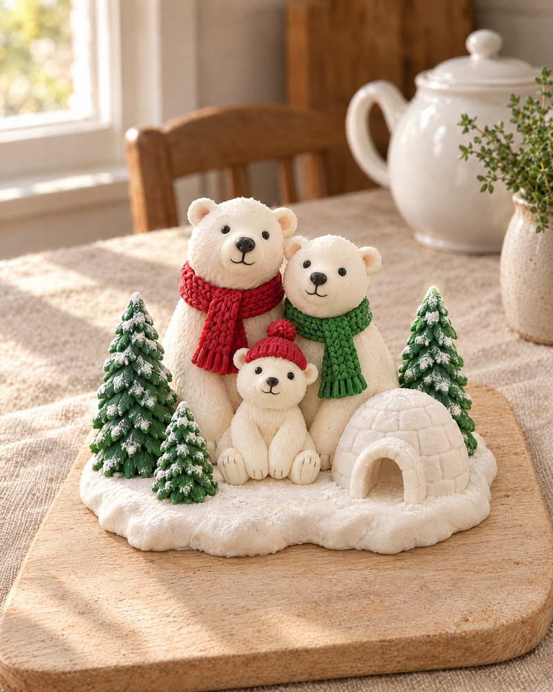 Polar Bear Family Cake Topper Scene laid out on a wooden board