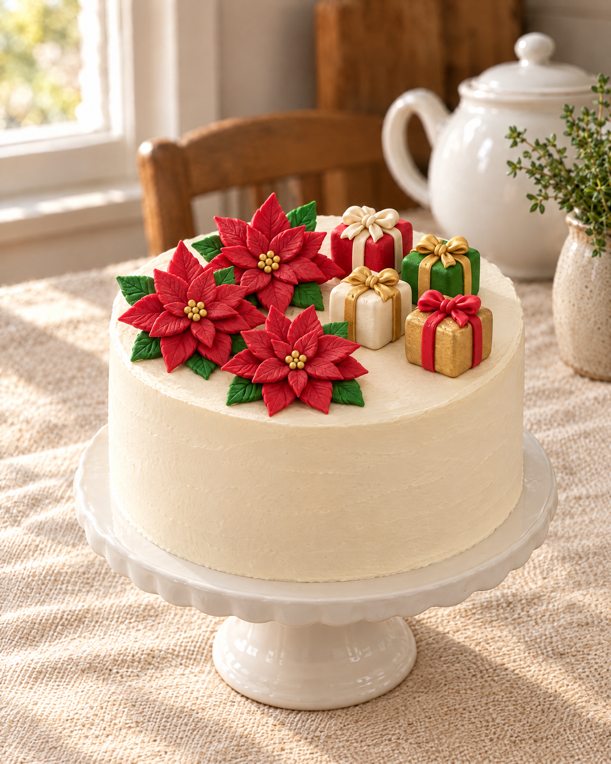 Christmas Presents and Poinsettia Cake Topper Pack on top of a cake