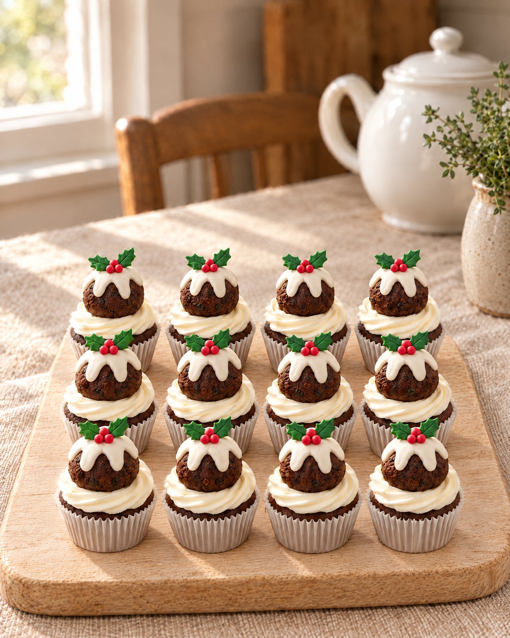 12 Christmas Pudding Cupcake Toppers on cupcakes