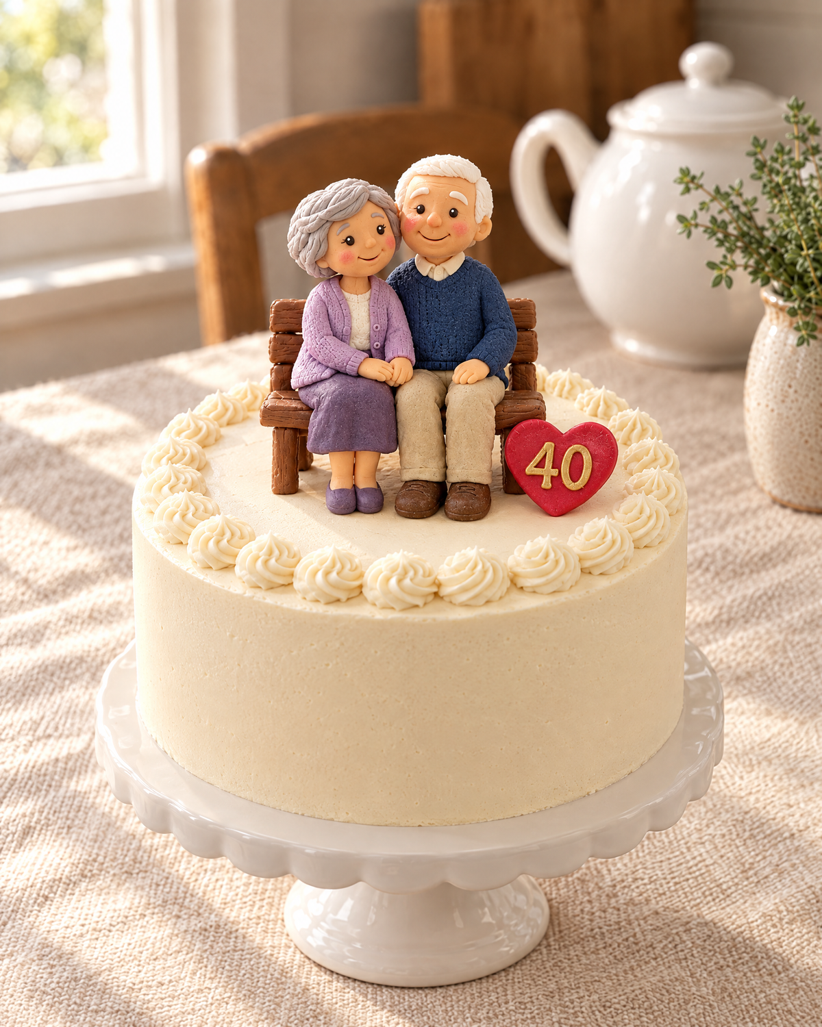 Anniversary Couple on a Bench Personalised Cake Topper on top of a cake