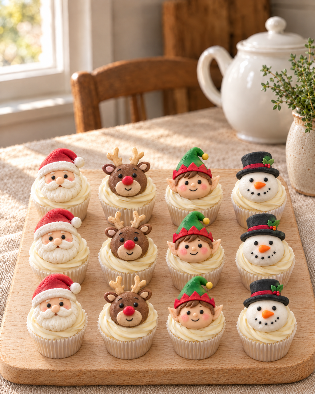 12 Christmas Character Cupcake Toppers on cupcakes