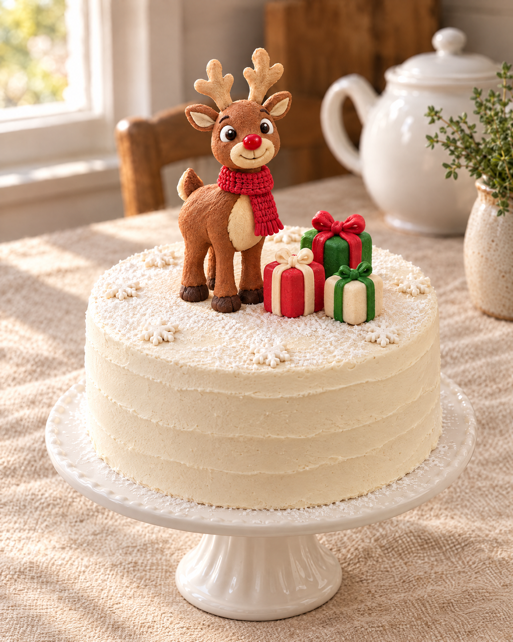 Rudolph and Presents Cake Topper Set on top of a cake