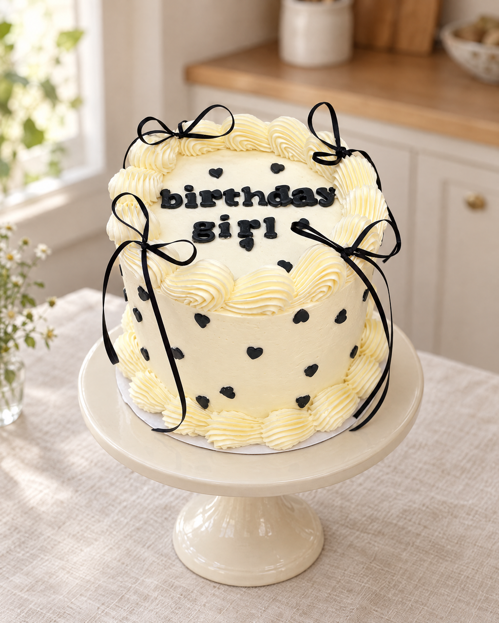 Birthday Girl Bow Cake from the side: black hearts on white buttercream, cream shell piping and thin black bows