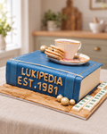 Book Stack Cake: a blue book reading LUKIPEDIA EST.1981 with a sugar teacup and biscuits on top, on a wood-effect board