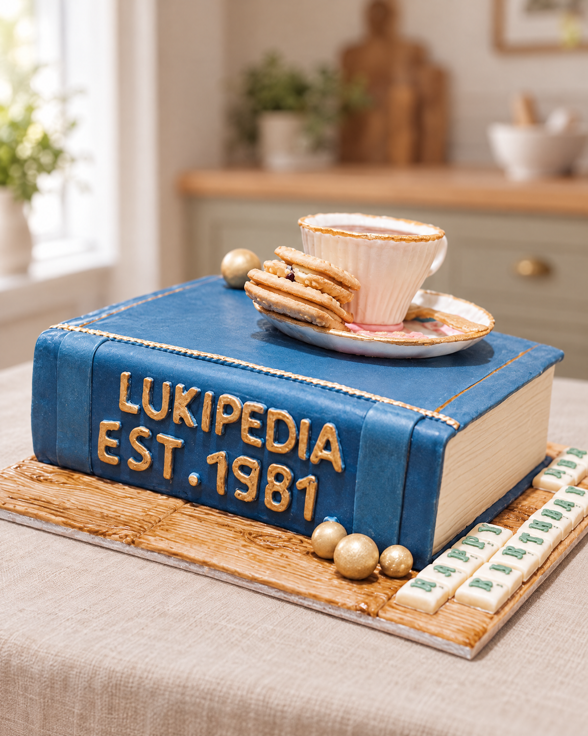Book Stack Cake: a blue book reading LUKIPEDIA EST.1981 with a sugar teacup and biscuits on top, on a wood-effect board
