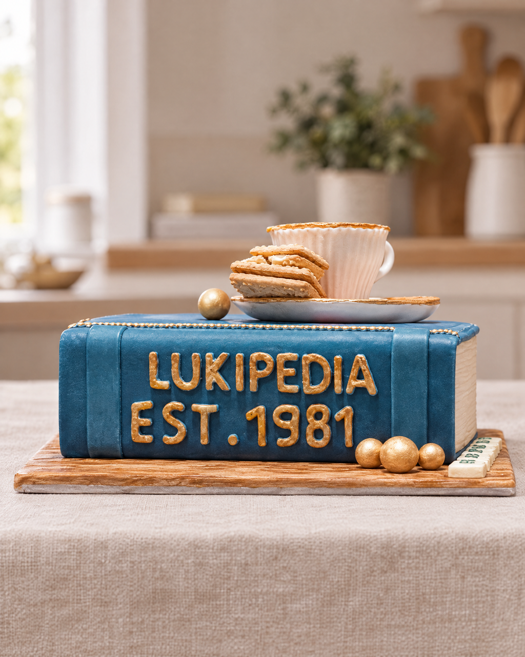 Book Stack Cake seen side on: the LUKIPEDIA EST.1981 spine, gold pearls and a sugar teacup with biscuits on top