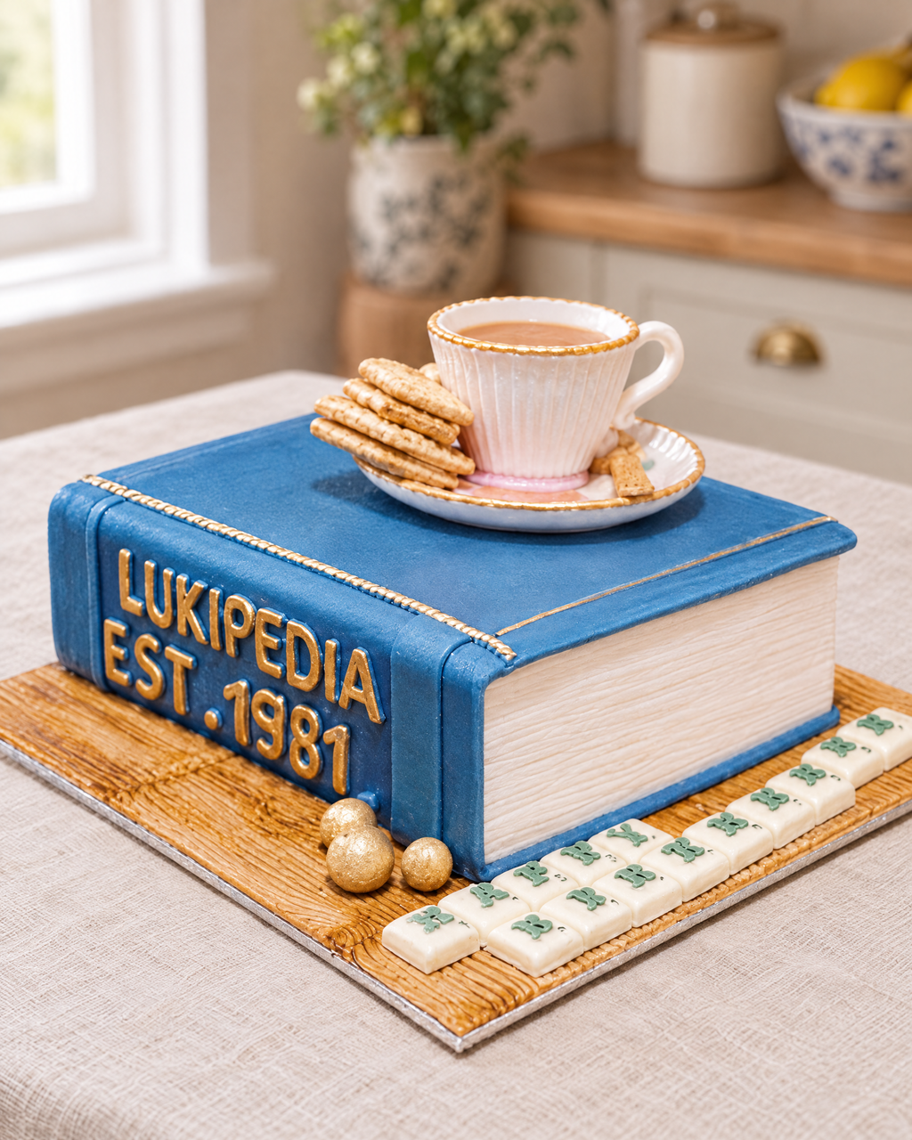 Book Stack Cake from above: the blue book cake with a sugar teacup, biscuits, gold pearls and letter tiles on its board