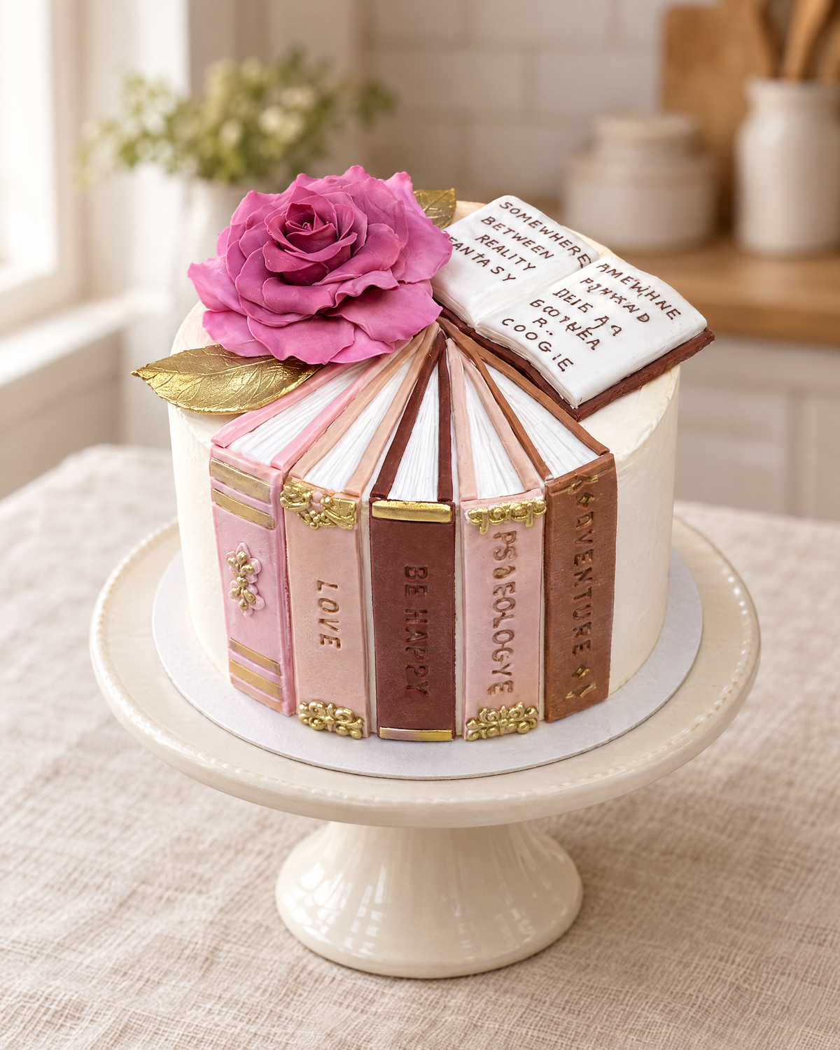 Bookshelf Bento Cake: sugar book spines round a bento cake, with an open sugar book and a pink sugar rose on top
