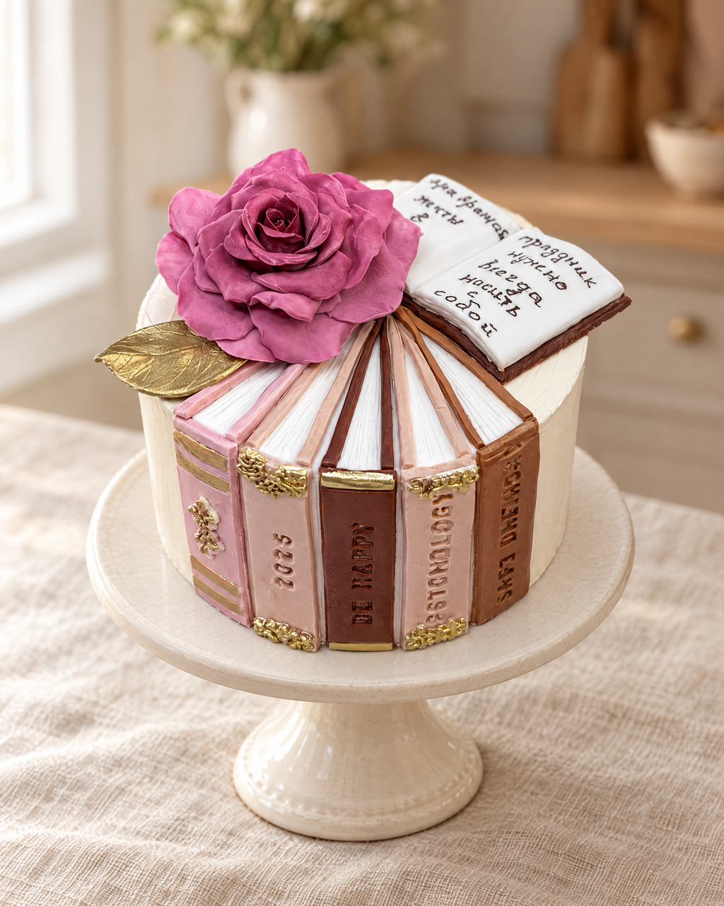 Bookshelf Bento Cake from the side: pink and brown sugar book spines, a pink sugar rose and an open book