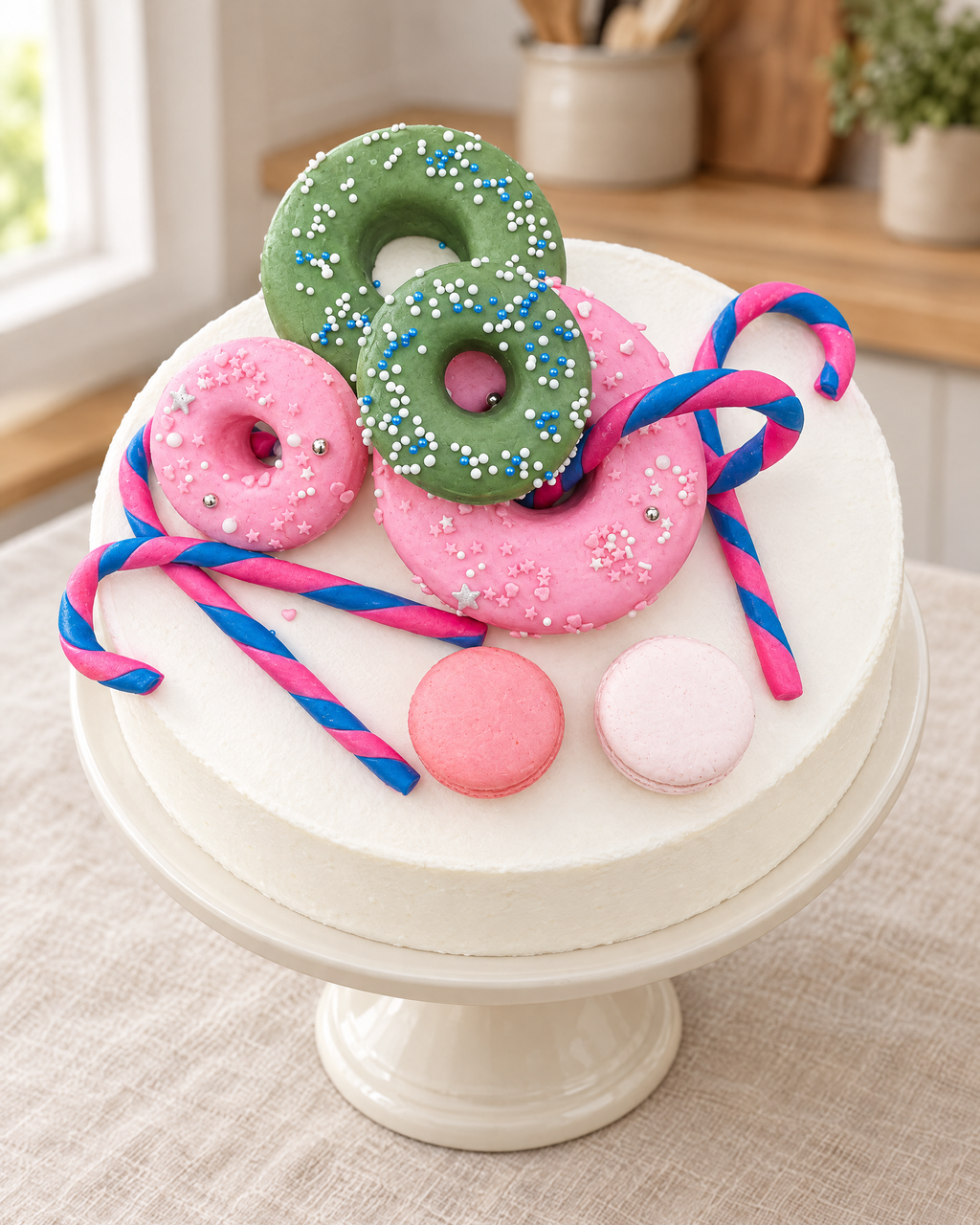 Doughnut Party Cake: pink and green iced doughnuts, striped candy canes and pink macarons on a white cake