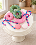 Doughnut Party Cake: pink and green iced doughnuts, striped candy canes and pink macarons on a white cake
