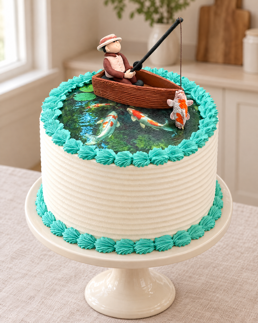 Fishing Pond Cake from above: koi pond top, fisherman in a wooden boat, teal borders and white ribbed sides