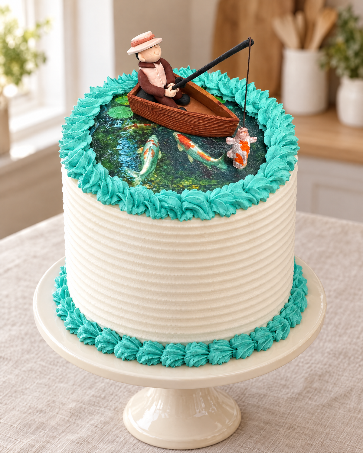 Fishing Pond Cake: white ribbed sides, teal piped borders and a koi pond top with a fisherman in a wooden boat