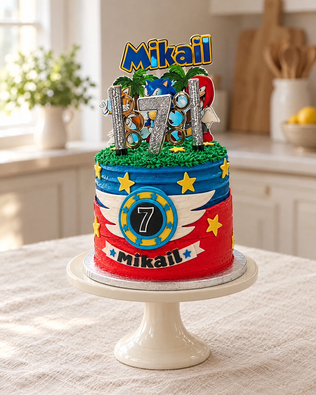 Gaming Two Tier Cake in blue and red with stars, wings, a number 7 plaque, a glitter 7 and character toppers
