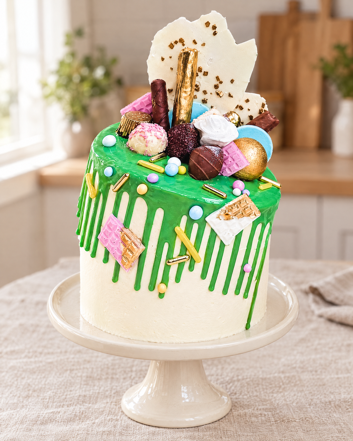 Green Drip Chocolate Cake: white buttercream, bright green drip, piled with sweets and a white chocolate shard
