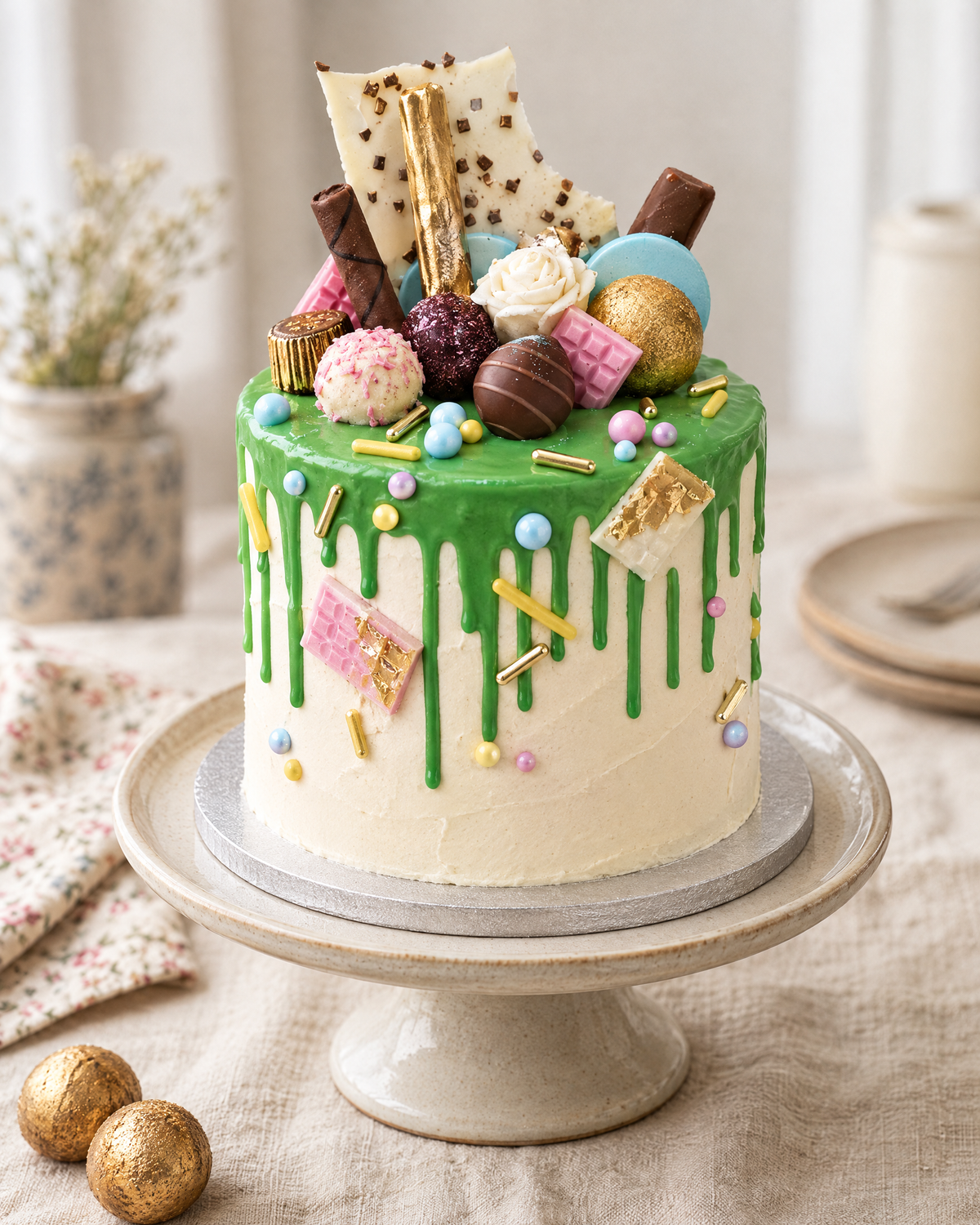 Green Drip Chocolate Cake: white buttercream, bright green drip, piled with sweets and a white chocolate shard