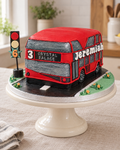 London Bus Cake: red double-decker reading 3 CRYSTAL PALACE, Jeremiah on the side, on a road board with a traffic light