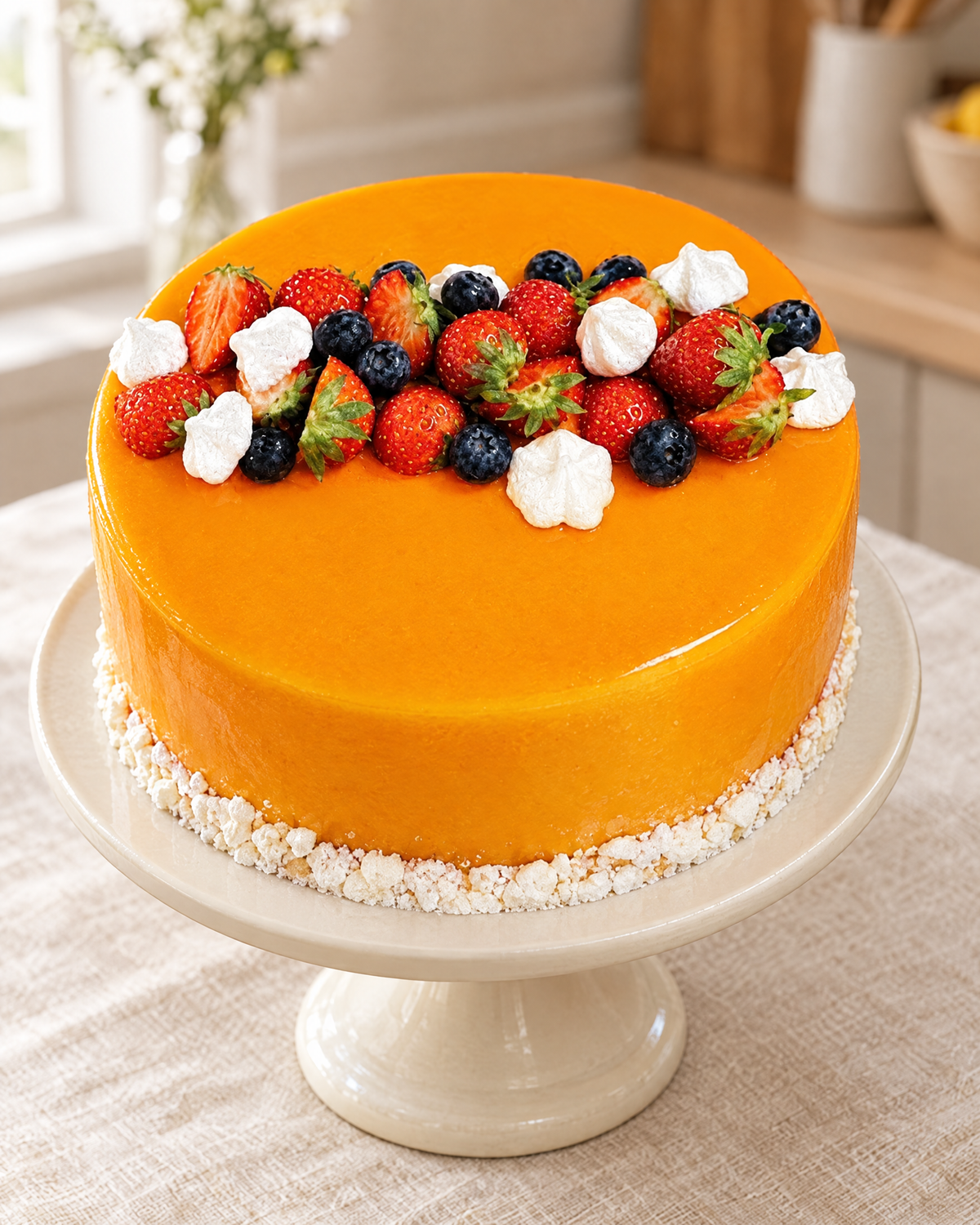 Mango Mousse Cake with a glossy orange mango glaze, strawberries, blueberries and meringue kisses across the top