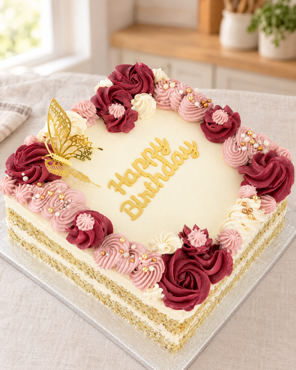 Rose Border Sheet Cake: square, gold Happy Birthday script, burgundy and pink rosettes and a gold butterfly