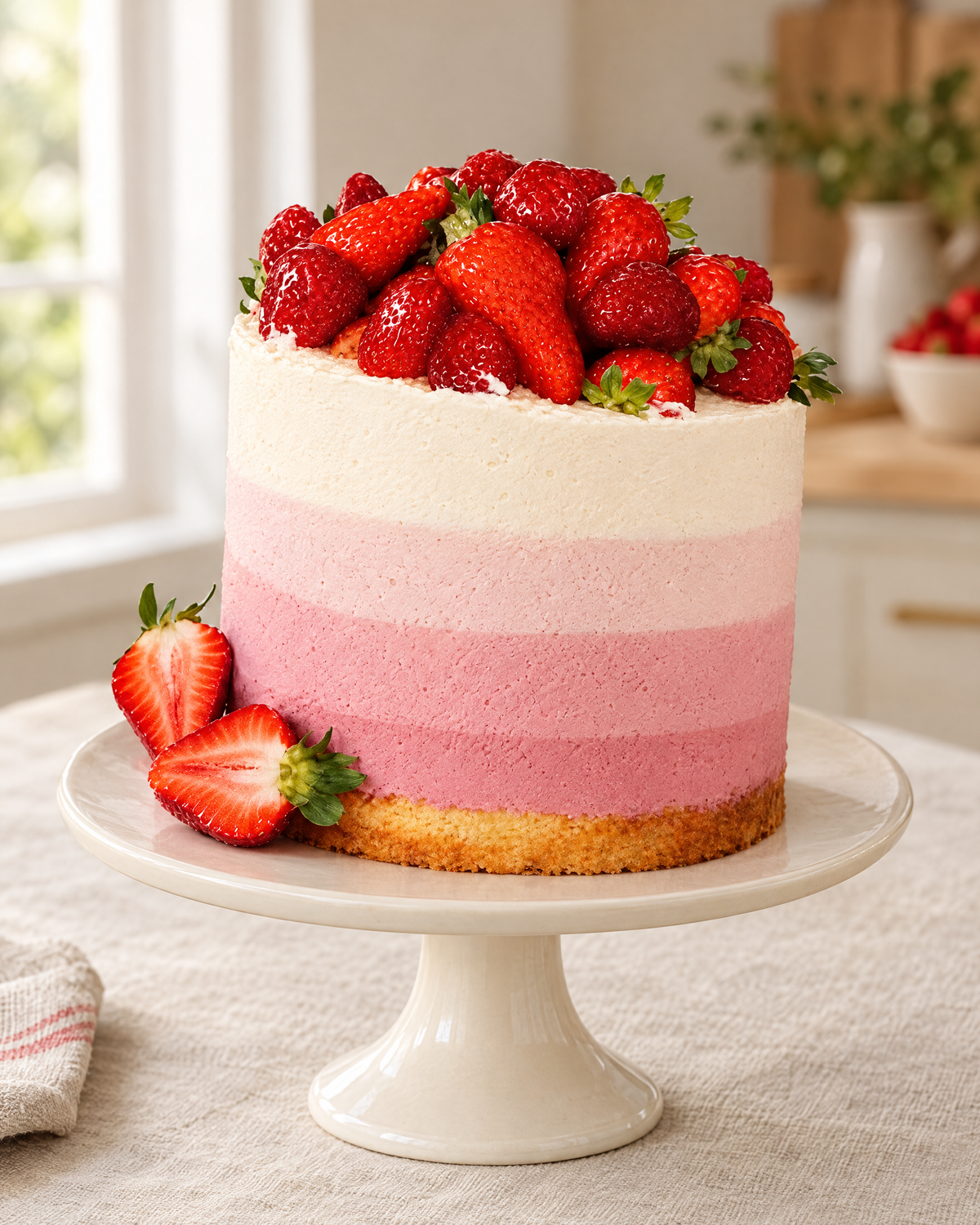 Strawberry Ombre Cake: buttercream bands from cream to deep pink on a sponge base, topped with fresh strawberries