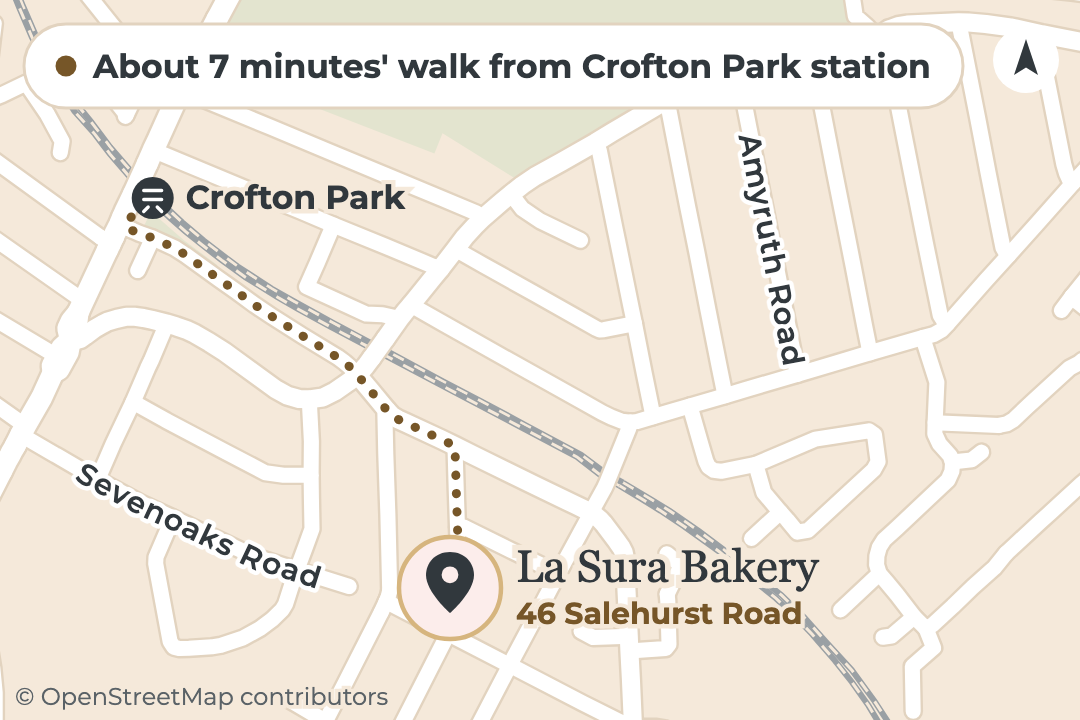 Map of the walk from Crofton Park station to La Sura Bakery at 46 Salehurst Road, about 7 minutes on foot