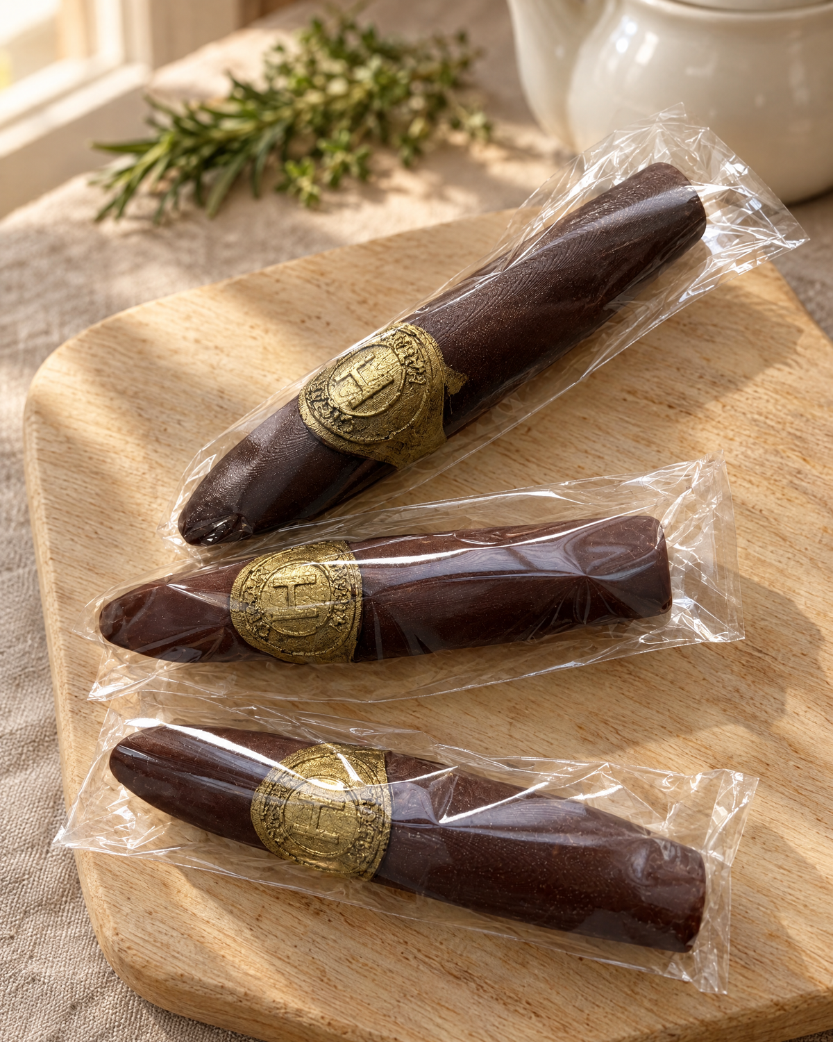 Personalised Belgian Chocolate Cigar laid out on a wooden board