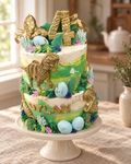 Dinosaur Jungle Personalised Cake Topper on a cream cake stand