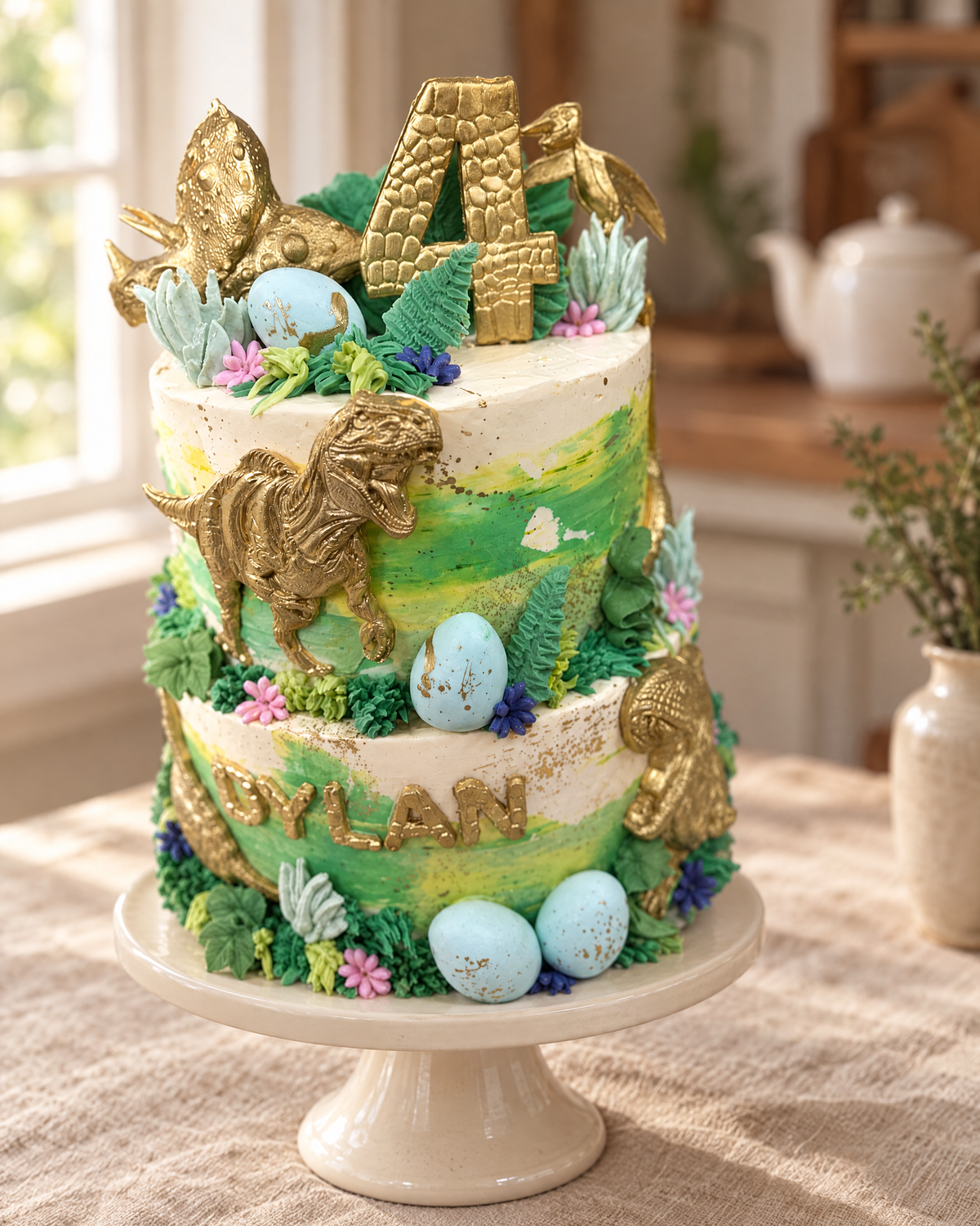 Dinosaur Jungle Personalised Cake Topper on a cream cake stand