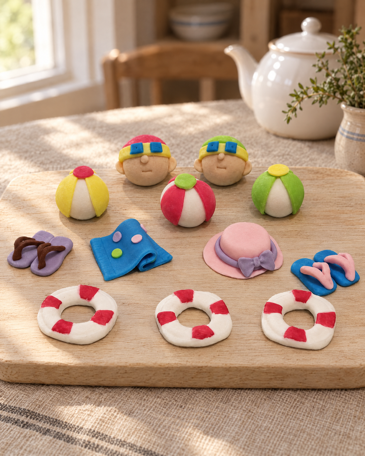 12 Swimming Cupcake Toppers laid out on a wooden board