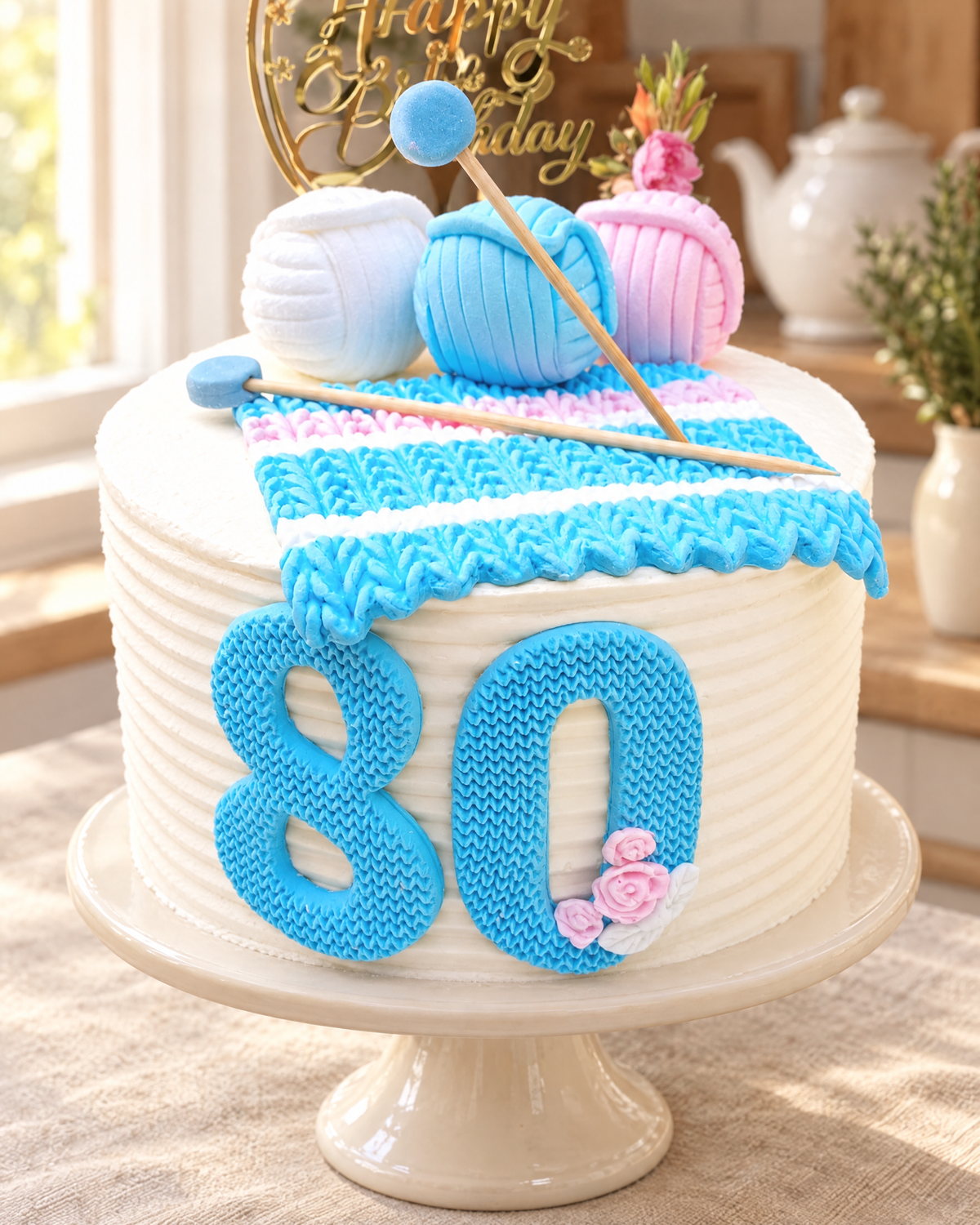 Knitting Wool Cake Topper Set on a cream cake stand