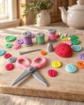 Sewing Cake Topper Set with Buttons and Thread laid out on a wooden board