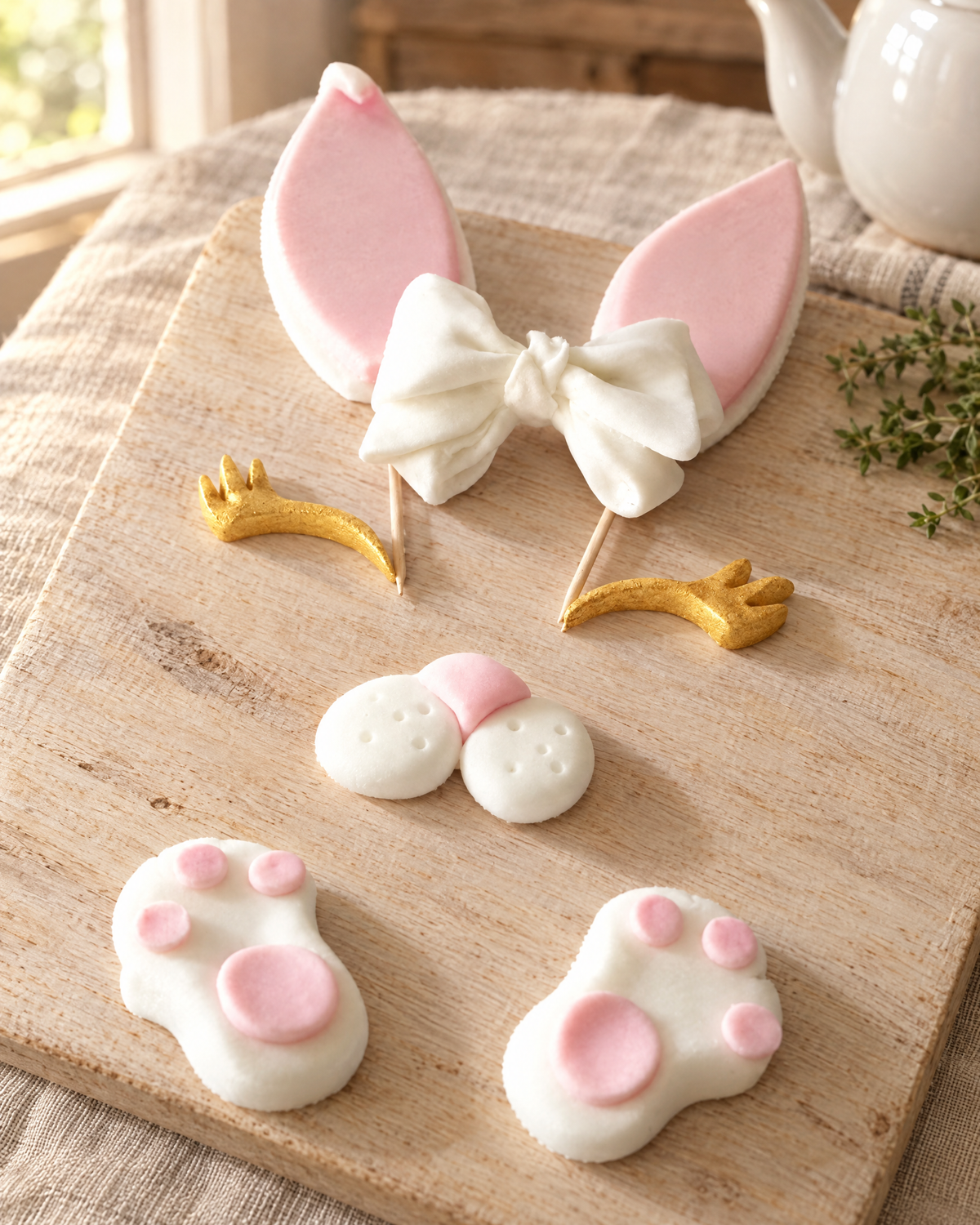 Rabbit Face Cake Topper Set laid out on a wooden board
