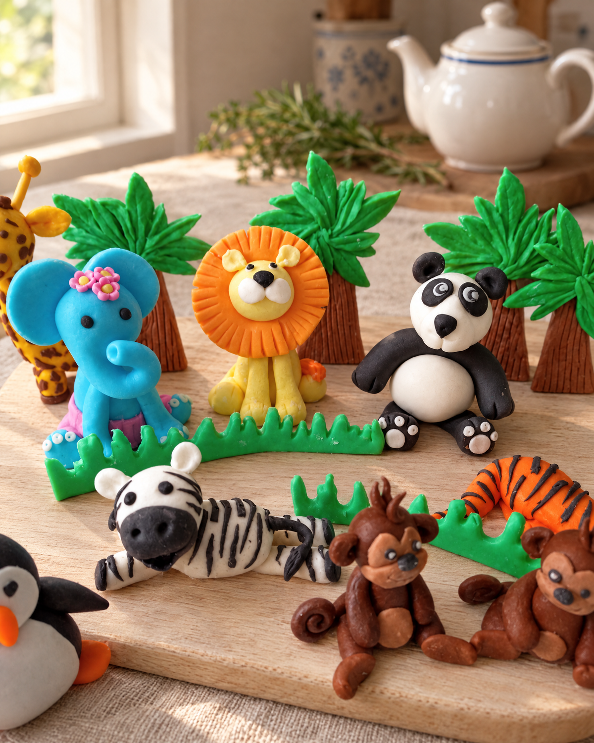 Safari Animal Cake Topper Set laid out on a wooden board