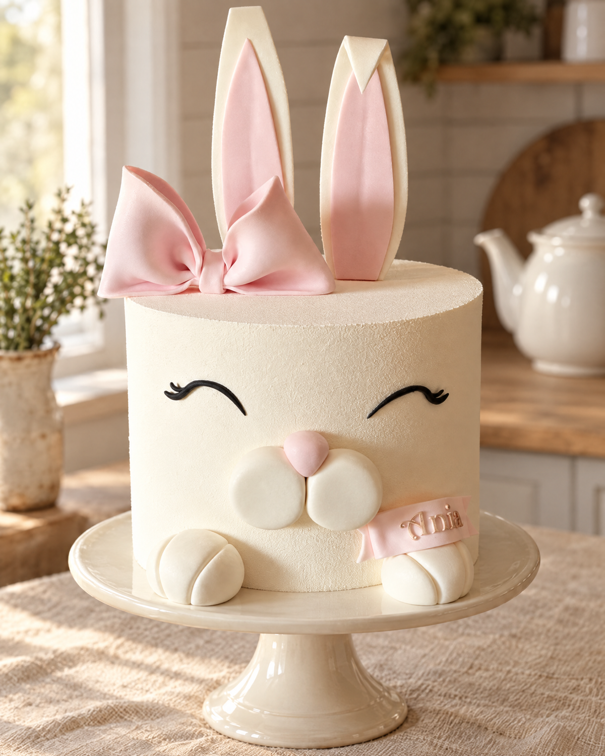 Bunny Rabbit Personalised Cake Topper on a cream cake stand