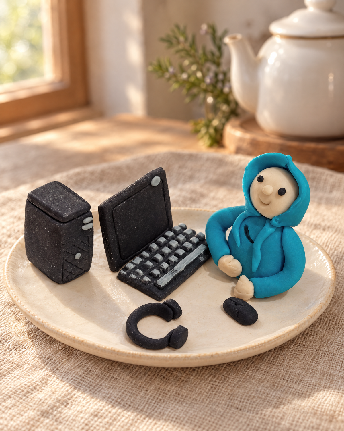 Teenager Computer Cake Topper Set on a cream plate