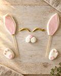 Bunny Face Cake Topper Set laid flat on a wooden board