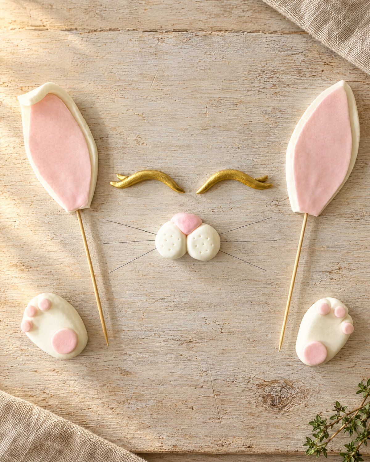 Bunny Face Cake Topper Set laid flat on a wooden board