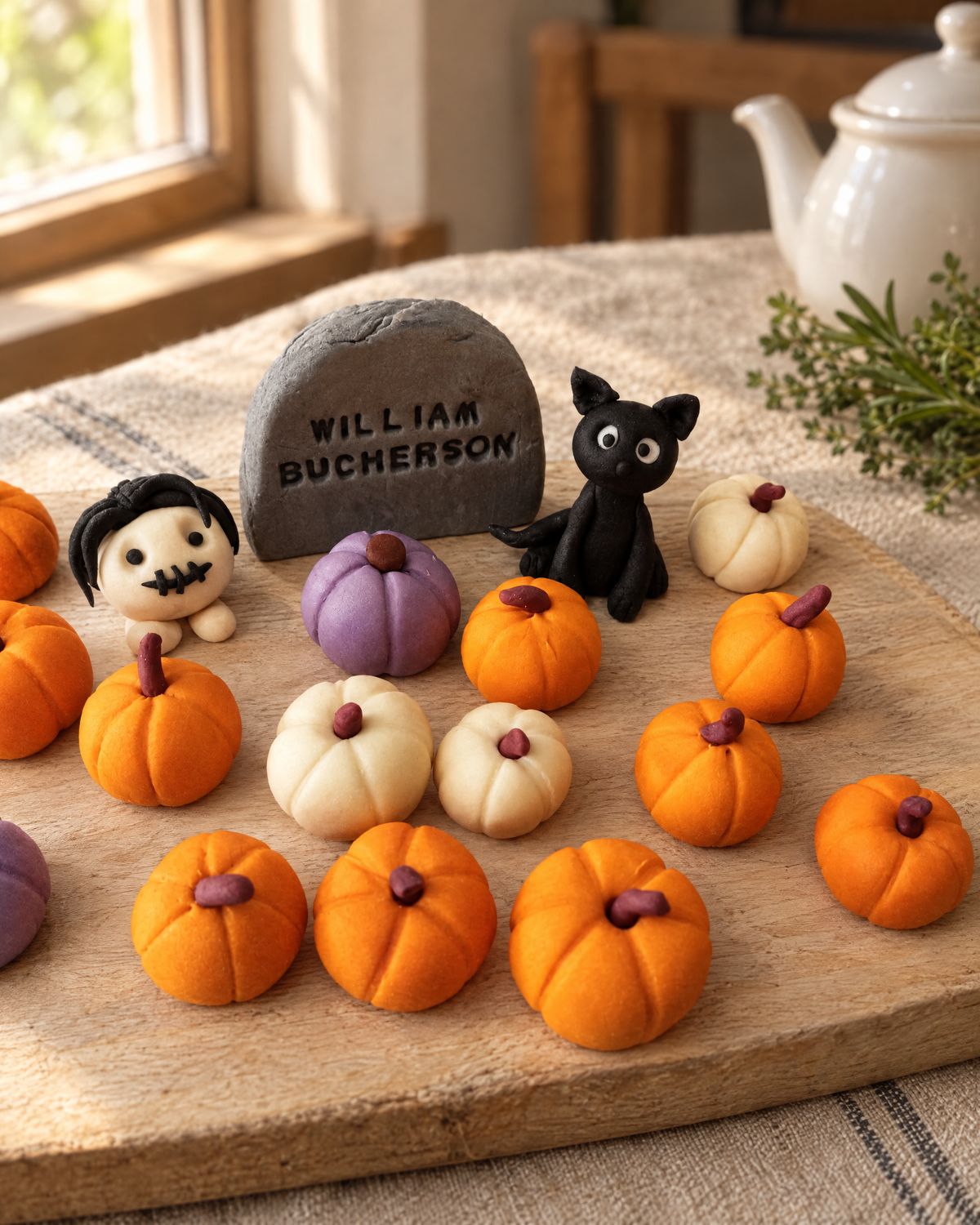 Halloween Pumpkin and Black Cat Cake Topper Set laid out on a wooden board