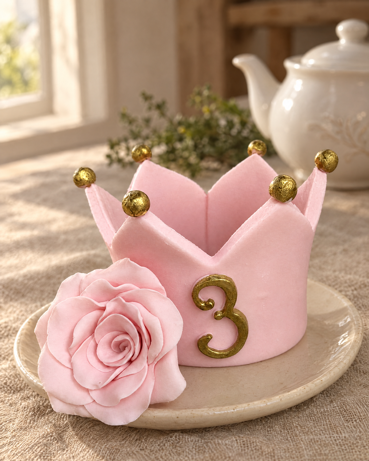 Crown and Rose Cake Topper on a cream plate