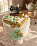 Singer Sewing Machine Cake Topper Set on a linen tablecloth