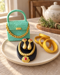 Handbag and Jewellery Cake Topper Set on a cream plate