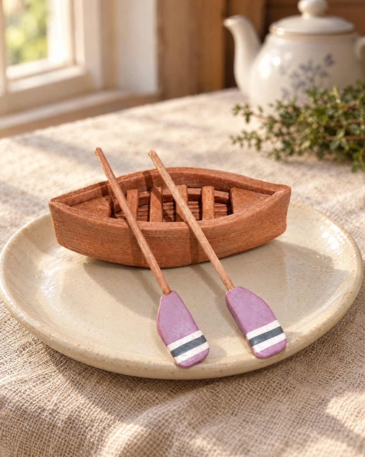 Large Rowing Boat Cake Topper on a cream plate