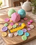Knitting Cake Topper Set with Buttons laid out on a wooden board