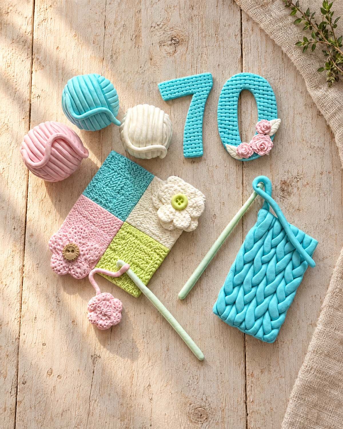 Crochet and Yarn Cake Topper Set laid flat on a wooden board