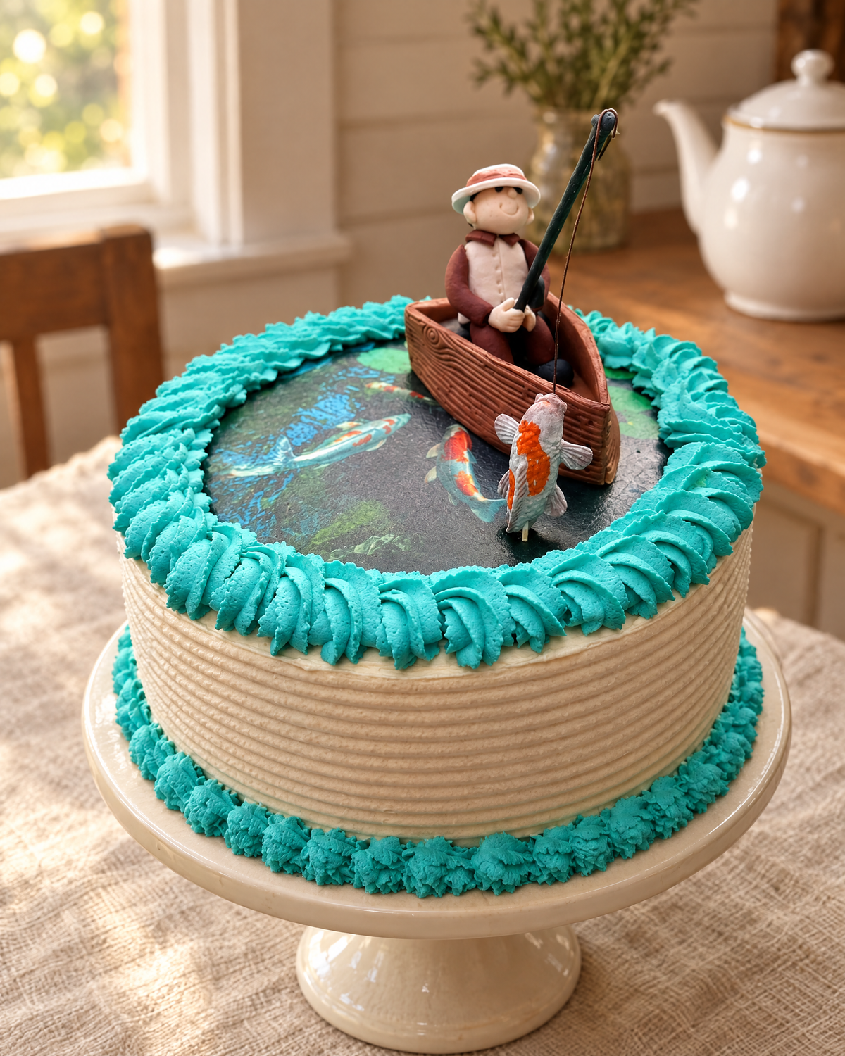 Fisherman in a Boat Cake Topper on a cream cake stand