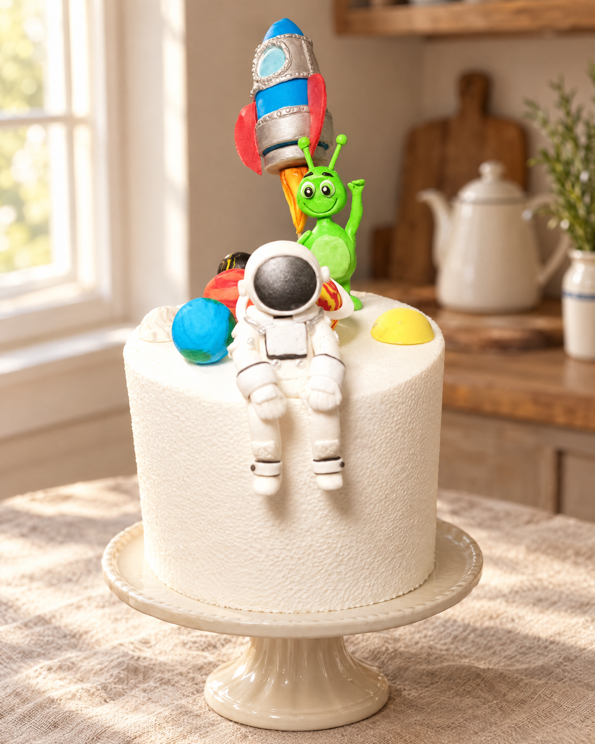 Spaceman, Rocket and Planets Cake Topper Set on a cream cake stand